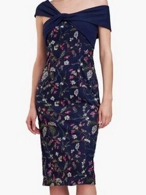 JS Collections NWT size 16 Jeanne Asymmetrical Cocktail Dress Navy Embroidered